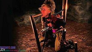 Gemma Smithy kneels bound for intense blowjob training session