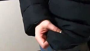 uggs boots camel toe pokes funny in old down jacket for playful fun