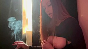 Artemisia Love rides dildo solo while puffing cigarette smoke