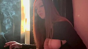 Artemisia Love rides dildo solo while puffing cigarette smoke