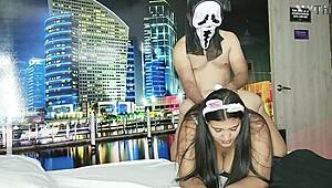 Ghostface Fucks Curvy BBW Bride's Huge Ass Tits at Party Spanks Barefoot Ebony Belly