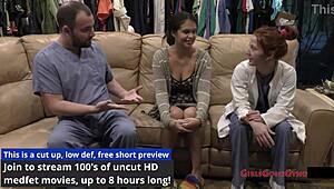 Angel Santana lies back as nurse spreads her shaved pussy in first gyno exam.