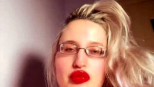 golddigger in red lip gloss glasses gives perfect lipstick fetish findom jerk off instructions for cash
