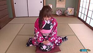 asian bitch flashes kimono before rough doggystyle creampie pounding