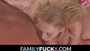 Braylin Bailey eyes stepbro till he pounds her petite blonde pussy cowgirl. Deepthroat cumshot follows