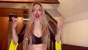 Goddess in glasses dances her huge belly while dominating with blowjob fetish tune