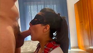 horny latina student deepthroats cock closeup and swallows hot cumshot