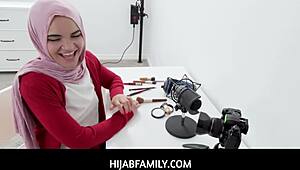 Hijabfamily Arab Teen Naudi Nala Begs Stepbro for Loan with Deepthroat Sex Doll Action
