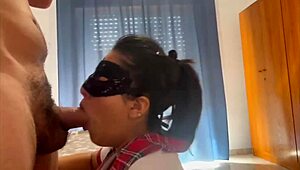 horny latina student deepthroats cock closeup and swallows hot cumshot