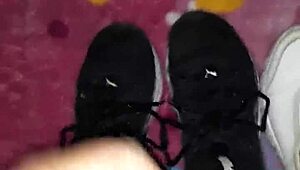 bold cumshot blasts all over her sexy fetish feet