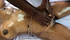 Girlfriend's pussy throbs wildly during my deep massage on her big boobs