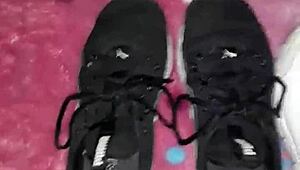 bold cumshot blasts all over her sexy fetish feet