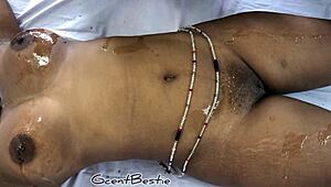 Girlfriend's pussy throbs wildly during my deep massage on her big boobs