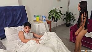 Me and stepsis fuck in bed shared with her stepdad behind his back