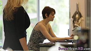 Teen lesbian cougar babe fingers and licks in threesome