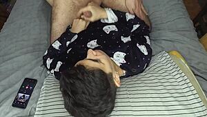 quick handjob ends with huge cum mouthful right before bed