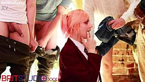 Hot college girl next door dives into first blowbang cum covered in lingerie party