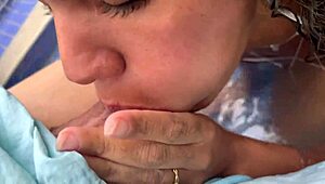 Skinny tattooed Brazilian wife sucks big cock poolside