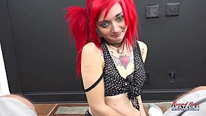 Slim Tattooed Blonde Jackie Swallows Hard Cock Cumshot After Deep Blowjob