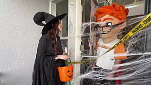 Chloe foxxe the tattooed brunette rides my huge cock cowgirl then missionary for that halloween cumshot blast.