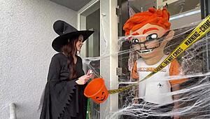 Chloe foxxe the tattooed brunette rides my huge cock cowgirl then missionary for that halloween cumshot blast.