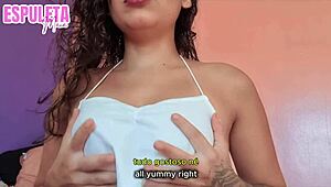 Petite latina girlfriend dirty talk guides handjob close up natural tits cum loads