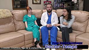 Dr Tampa's latex nurse Ditria Rose examines patient's cock backstage in hospital roleplay