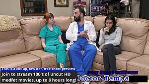 Dr Tampa's latex nurse Ditria Rose examines patient's cock backstage in hospital roleplay