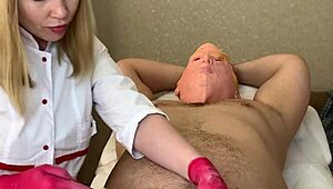 donald t gets his cock waxed intimate by sexy nurse milf in latex gloves n uniform
