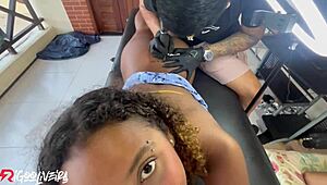 Tattooed Black Girl Pays with Pussy After Inking Session