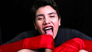 she strokes my throbbing cock with those sexy RED OPERA GLOVES till i blast cum everywhere in romantic fetish hd
