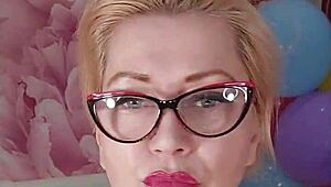 Mature chubby housewife bitch squirts juicy pussy lips on dildo amid colorful balloons dirty talk moaning