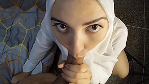 Arab Muslim babe sucks cock deep like pro, begs for facial cumshot till the end!