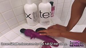 Cute Brunette Latina in Shower Rams Huge Dildo Deep into Shaved Ass and Wet Pussy.