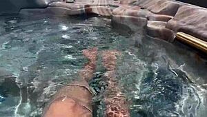 Artemisia Love fingers her big tits milf pussy naked in outdoor jacuzzi legs POV