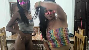 Hey neighbors, watch these hot Mexican milfs masturbate juicy pussies on desk with dildos