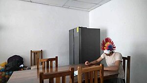 A housemaid sensually gropes her natural tits and flirts with dildo near blind man