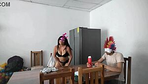 A housemaid sensually gropes her natural tits and flirts with dildo near blind man