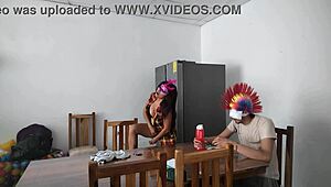 A housemaid sensually gropes her natural tits and flirts with dildo near blind man