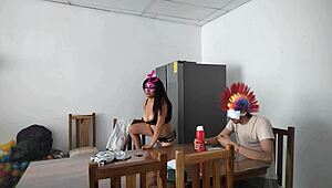 A housemaid sensually gropes her natural tits and flirts with dildo near blind man