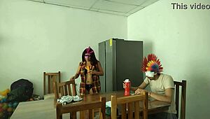 A housemaid sensually gropes her natural tits and flirts with dildo near blind man