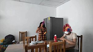 A housemaid sensually gropes her natural tits and flirts with dildo near blind man