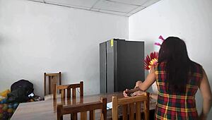 A housemaid sensually gropes her natural tits and flirts with dildo near blind man