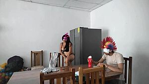 A housemaid sensually gropes her natural tits and flirts with dildo near blind man