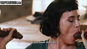 wife chokes on husband's boss big black cock deepthroat double team dinner