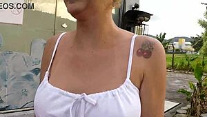 two busty babes barbara alves and pernocas bike without panties in the rain, voyeur style