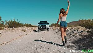 tiffany watson gulps down huge facial cum blast covering her big fake tits deep in the desert heat.