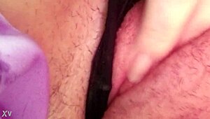 hazey stuffs wet shaved panties into her fat hairy pussy while fingering clit to orgasm