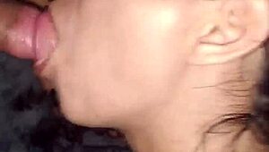 Submissive housewife brunette sucks delivery boy's cock closeup in homemade flash