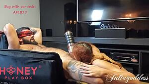 This homemade Brazilian bodybuilder licks big natural tits while jerking monster cock in warrior masturbator.